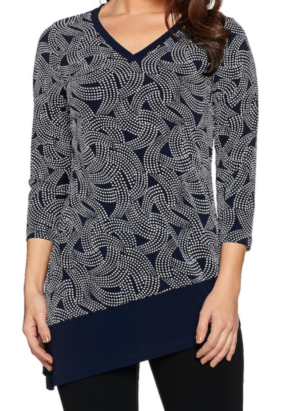 Susan Graver Womens 3X Liquid Knit Asymmetrical Hem Tunic Top Navy Blue 3/4 Slv